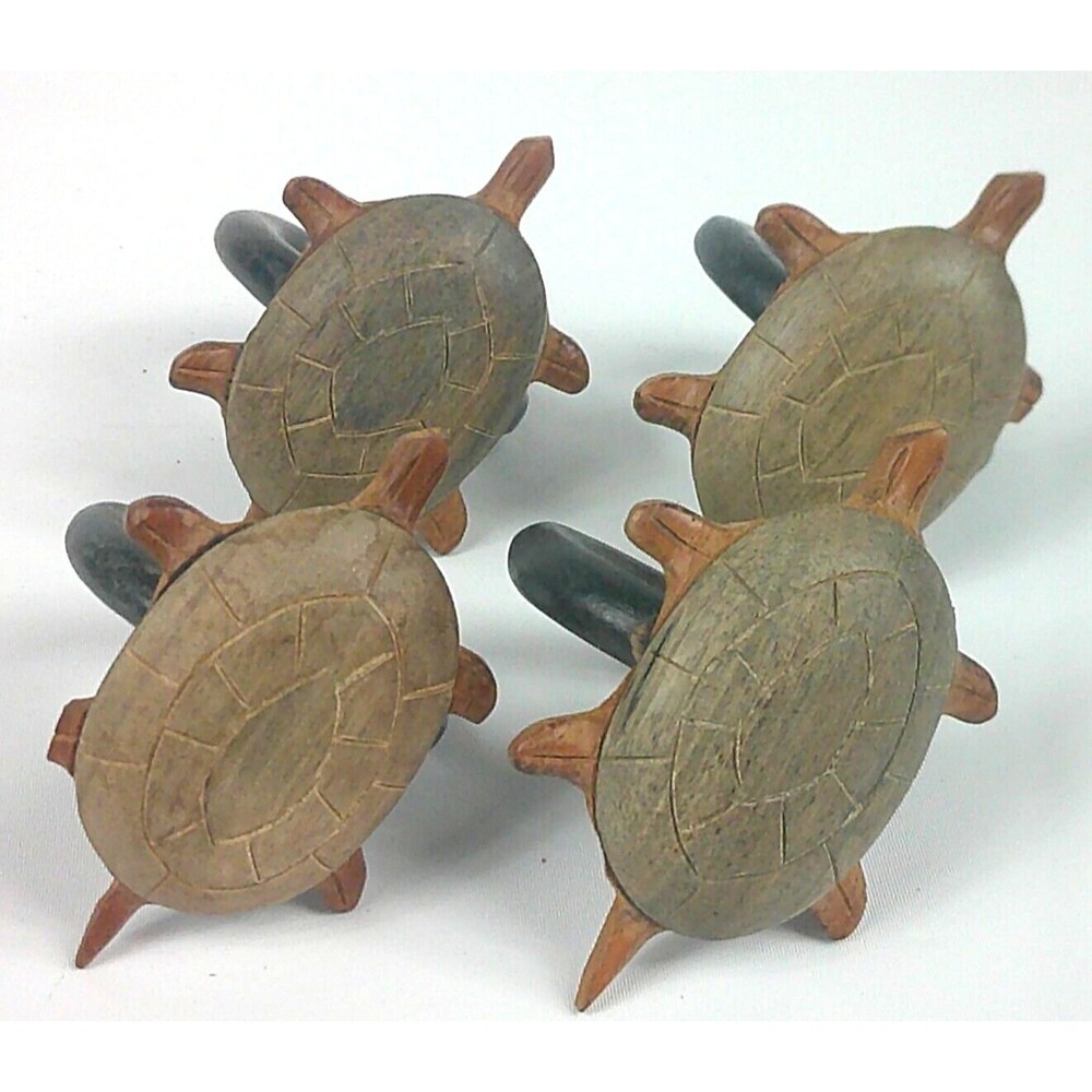 Vintage Wooden Turtle Napkin Rings Holders Set of 4 Made in Philippines